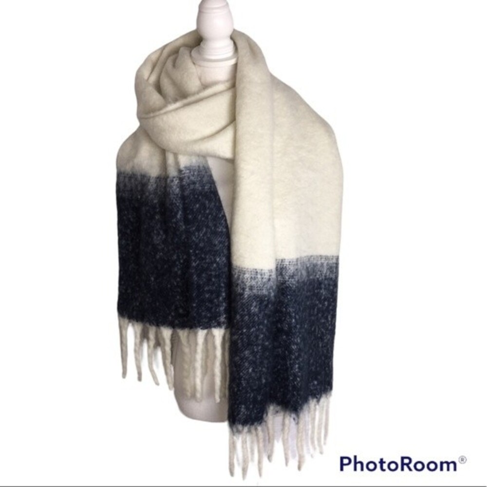 Extra Large Fringed Scarf Cream Blue Wrap Warm Soft